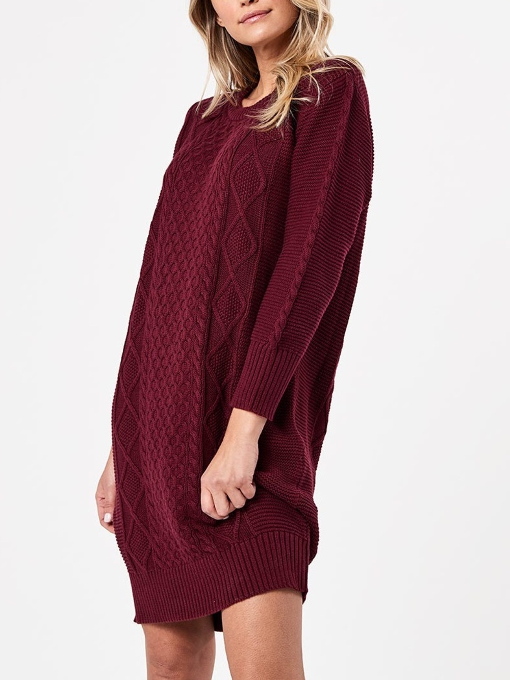 Pact Organic Cotton Classic Cable Knit Sweater Dress Burgundy Red Size Medium